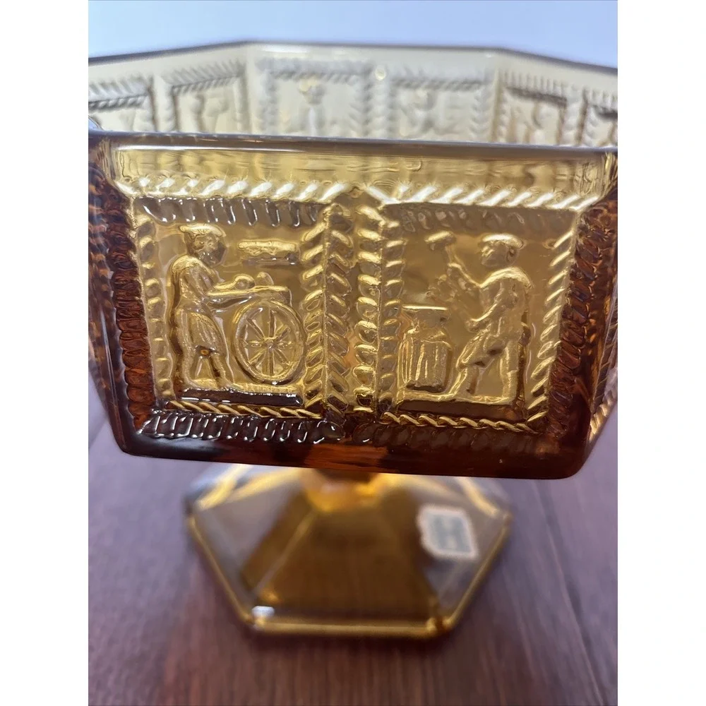 Vintage Imperial Glass Springerle Amber Pedestal Compote Candy Dish With Sticker
